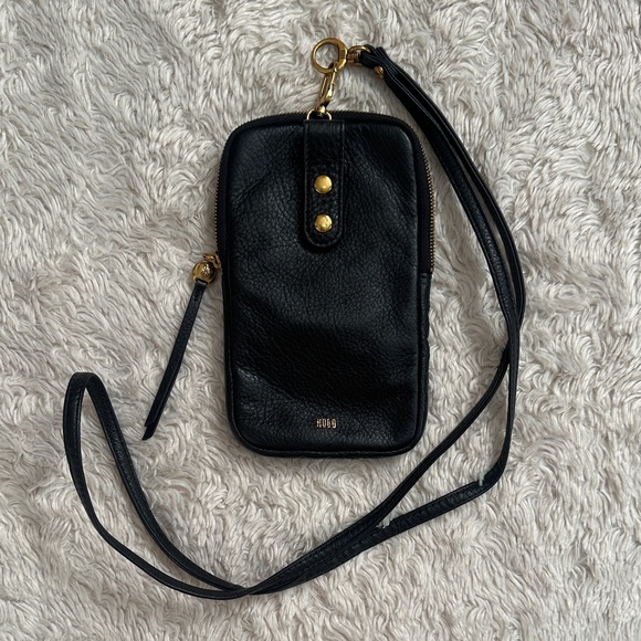 HOBO Black Leather Crossbody Phone Bag with Gold Details - Picture 1 of 6